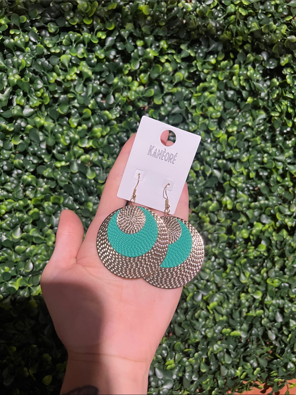 Teal And Gold Textured Disc Drop Earrings